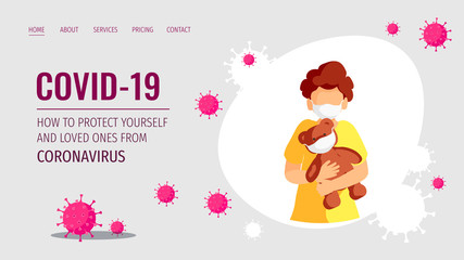 Web page design template for Coronavirus, Medicine, Health care, Family. Little boy with teddy bear in masks and viruses. Vector illustration for poster, banner, website, flyer, cover.