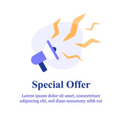 Event announcement, hot megaphone with lightning shouting, screaming in loudspeaker, special offer concept