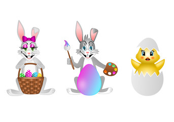 Funny Easter rabbits and chick cartoons