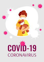 Banner design for Coronavirus, Medicine, Health care, Family. Little boy with teddy bear in masks and viruses. A4 Vector illustration for poster, banner, website, flyer, cover.