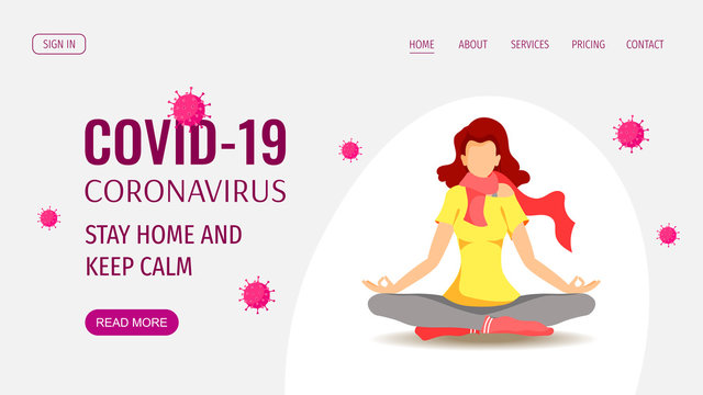 Web page design template for Coronavirus, Covid-19, Quarantine, Health care. Meditating young woman in scarf and viruses. Vector illustration for poster, banner, website, flyer.