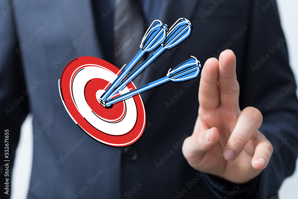 Aufkleber  makes a dart throw on the target. The concept of persistence in business..