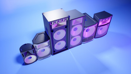 blue speaker system on a blue background in purple lighting