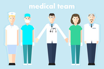Medical professional team in uniform cartoon character design flat style.