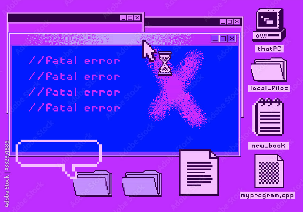 Poster Computer screen with Command-line interface or console terminal. Retrofuturistic vaporwave style illustration.