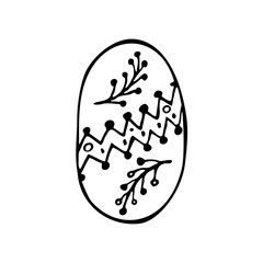 Linear contour vector monochrome icon of an Easter egg with hand-drawn decorative ornament of twigs, circles, zigzags. Drawing for holiday cards, greetings, gifts, packaging, poster, design elements