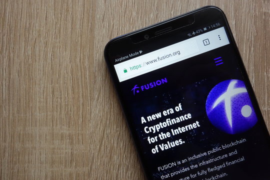 KONSKIE, POLAND - JULY 01, 2018: Fusion (FSN) cryptocurrency website displayed on Huawei Y6 2018 smartphone