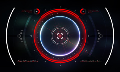 Futuristic HUD interface screen design. Neon military aim. Interactive radar dashboard or target capture system. Vitrual Reality Technology Screen. Vector illustration