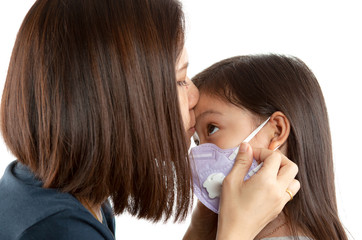 Mom and Asian little child girl is wearing medical face masks to protect themselves from Covi19 virus