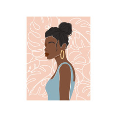 Contemporary fashion collage with abstract African woman portrait and monstera leaf background. Trendy illustration in minimalistic style. Vector print poster, card, invitation, t-shirt etc.