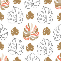 Contemporary floral seamless pattern. One line monstera leaves and abstract. Texture for textile, packaging, wrapping paper, social media post etc. Vector illustration.
