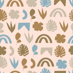 Contemporary collage seamless pattern. Abstract shapes and tropical leaves. Texture for textile, packaging, wrapping paper, social media post etc. Vector illustration.