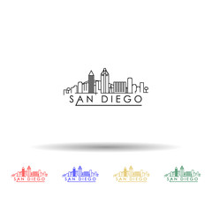 Linear san diego city silhouette with typographic design multi color icon. Simple thin line, outline vector of cities icons for ui and ux, website or mobile application - obrazy, fototapety, plakaty
