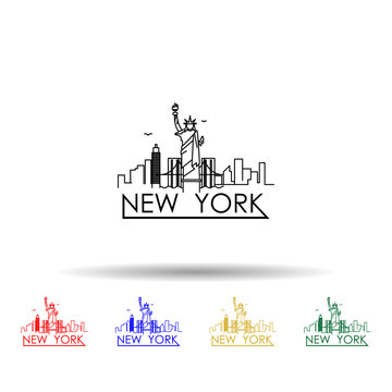 Linear new york city skyline with typographic design multi color icon. Simple thin line, outline vector of cities icons for ui and ux, website or mobile application