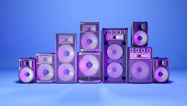 blue speaker system on a blue background in purple lighting