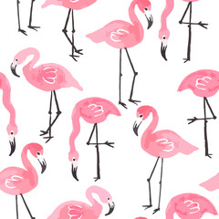 Pink ink flamingo set, tropical summer pattern vector illustration