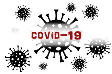 Merlekula coronavirus under the microscope. Distribution of Covid-19. Black and white illustration.