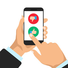 Man choose like or dislike on a phone display. Thumbs up and thumbs down on a smartphone. Vector illustration.