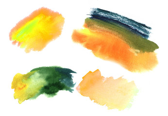 set of abstract light blue, green and pink shades of watercolor paint spots, blurred spots with soft edges, this is a background of watercolor painting drawn by hand, isolated on a white background.