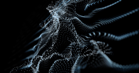 Glowing dot particles dynamic liquid flow . Neon Streaming Backgrounds. Cyber Binary. Glow Abstract Matrix. Digital background of glowing particles with depth of field, bokeh. 3D render