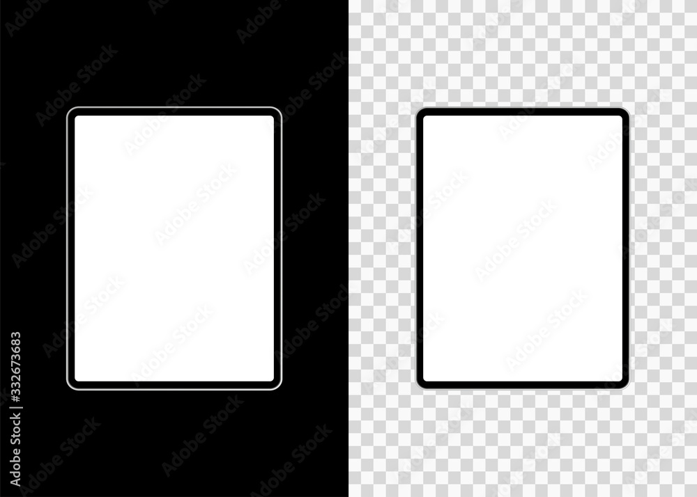 Poster mockup tablet empty screen front view on isolated and black background. vector