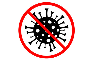 Mercule of coronavirus under a microscope in a red circle, crossed out. Distribution of Covid-19. Sign caution Stop coronavirus.