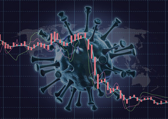 The impact of viruses such as pneumonia, influenza, SARS, coronavirus, and COVID-19 brought about a financial crisis in stocks and mutual funds etc. Abstract images of graphs and viruses.3D rendering 