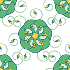 Abstract celtic ornate seamless vector pattern background. Modern stylized floral green white backdrop. Hand drawn geometric swirl repeat. All over print for irish, scottish gaelic wedding concept