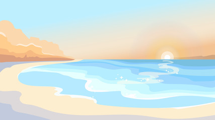 Beach at dawn. Beautiful landscape in cartoon style.