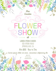 Flower show poster template with collage from silhouettes of wild flowers and grass.