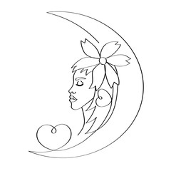 A silhouette of a girl drawn in a month with a flower on her head and heart. Isolated stock vector illustration.