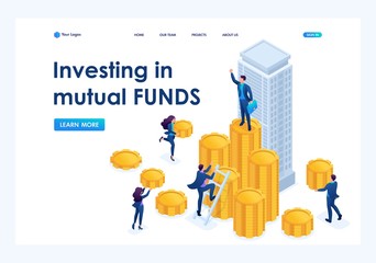 Isometric Businessmen carry money to an investment company. Landing page concepts and web design