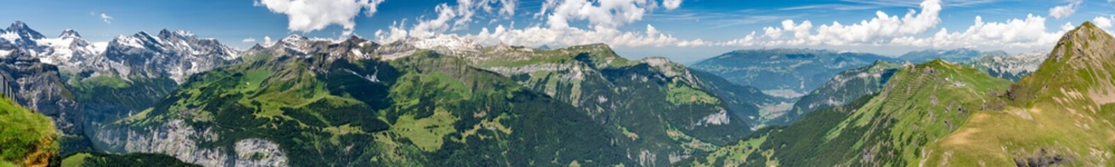 Fototapeta na wymiar Switzerland, black and white Panoramic view on Alps around Mannlichen