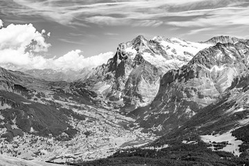 Obraz premium Switzerland, Panoramic view on Grindelwald valley and Wetterhorn and green Alps around