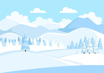 Beautiful winter mountain landscape with blue sky and white clouds. Panorama of mountain ridges with spruce or pine forest in the foreground. Coniferous forest. Vector illustration
