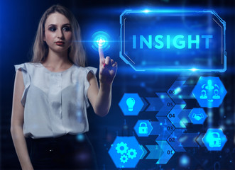 Business, Technology, Internet and network concept. Young businessman working on a virtual screen of the future and sees the inscription: Insight