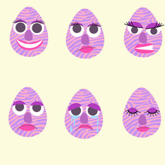 Set of Emoji egg.Easter eggs for decorating postcards.Emotions such as happy, sad, bored, angry, crying and sleepy.