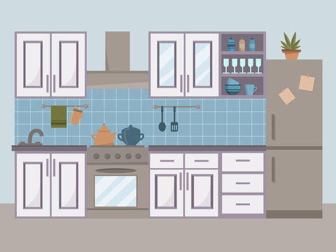 Kitchen interior with furniture, stove and cupboard. Flat cartoon style vector illustration.