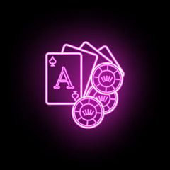 Playing cards and chips neon icon. Simple thin line, outline vector of casino icons for ui and ux, website or mobile application