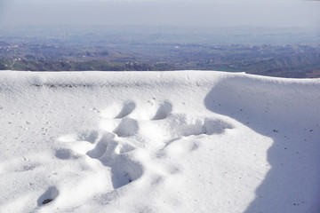 Human footprints in deep snow on sunny day .