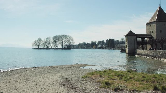 Panoramic east view from the Harp island to the castle of Rolle