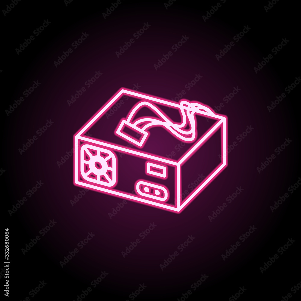 Poster pc power supply neon icon. simple thin line, outline vector of computer parts icons for ui and ux, w