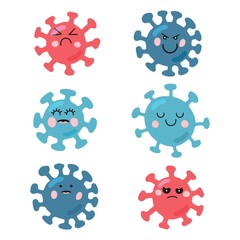 Character shaped cell of a microorganism with faces. Coronavirus set. Wuhan COVID-19 sticker. Kawaii cartoon virus. Wuhan pneumonia flat vector illustration.