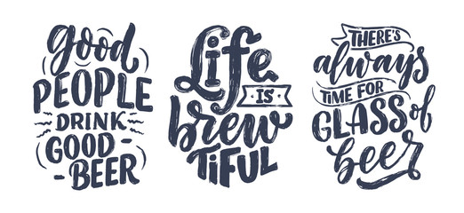 Set with lettering quotes about beer in vintage style. Calligraphic posters for t shirt print. Hand Drawn slogans for pub or bar menu design. Vector
