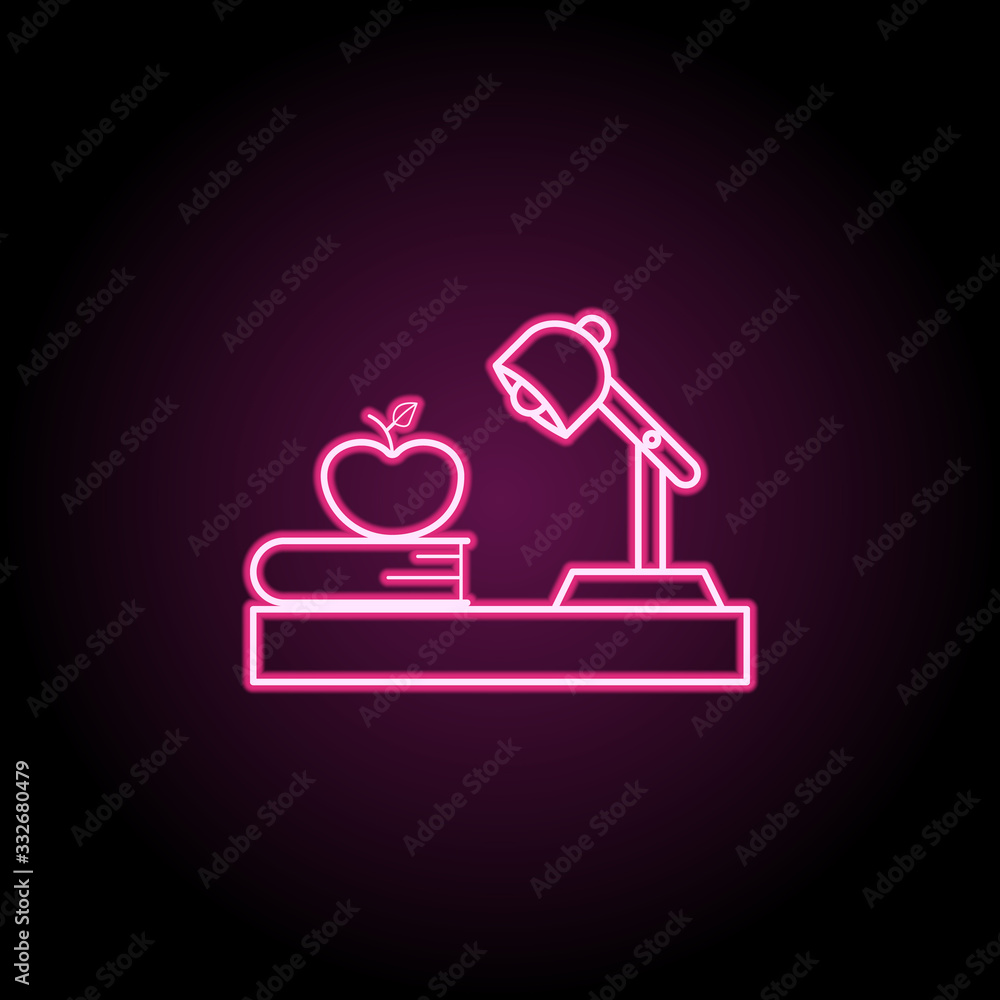 Poster lamp book apple on the table, workplace neon icon. simple thin line, outline vector of education ico