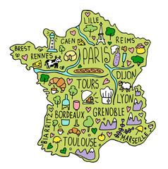 Obraz premium Colored Hand drawn doodle France map. city names lettering and cartoon
