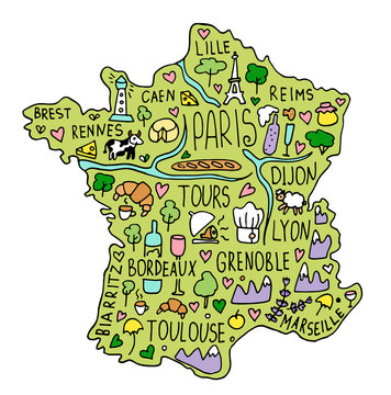 Colored Hand drawn doodle France map. city names lettering and cartoon