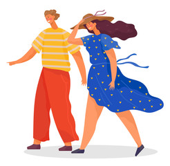 Couple on date, passers-by or walkers and strong wind, man and woman in windy weather vector. Girl in dress and hat and guy in loose pants walking. Male and female characters outdoors illustration