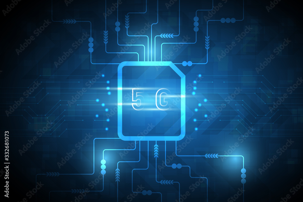 Poster abstract technology background with 5g sim card , circuit pattern and sparkle effect on dark blue ba