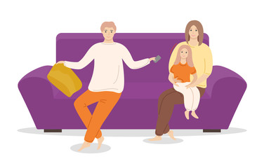 Family sitting on violet sofa, comfortable couch. Father, mother and daughter spend time together. Life of young couple with their kid. Furnishing of living room. Vector illustration in flat style